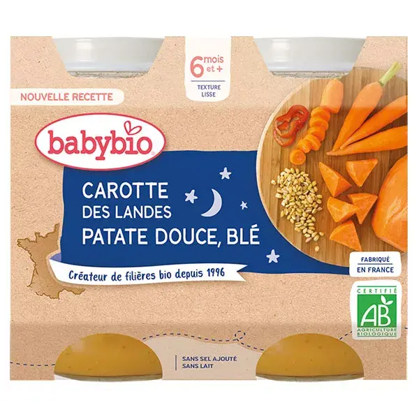 Babybio Bonne Nuit Tarros con Zanahorias, Boniatos y Harina a partir de 6 meses 2 x 200g