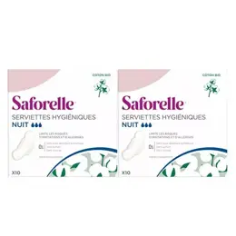 Saforelle Protections Serviettes Hygiéniques en Coton BIO Nuit - Lot de 2 x 10 protections