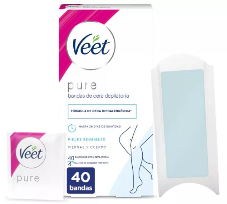 Veet Pure Bandas de Cera Fría Piernas y Cuerpo Pieles Sensibles 40 uds