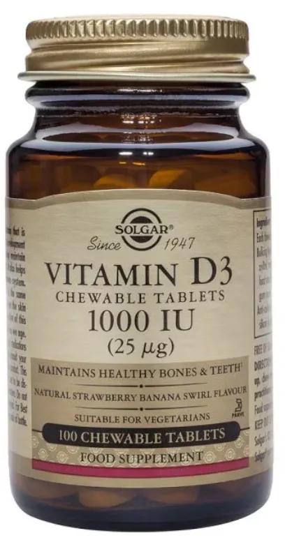 Solgar Vitamine D3 1000 UI (Cholécalciférol) 100 comprimés à croquer