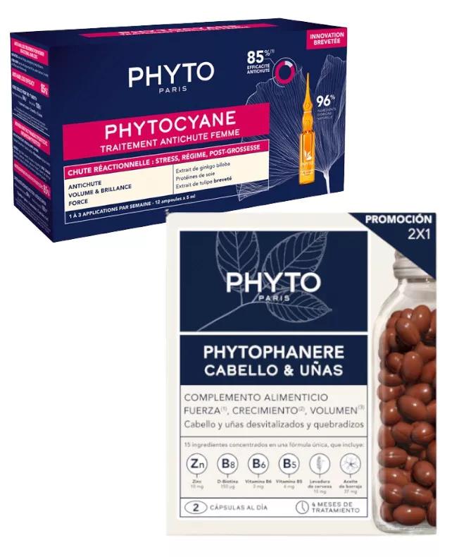 Phyto Phytocyane Vrouwen Anti-Reactioneel Haaruitval Ampullen 12x5 ml + Haar en Nagels 2x120 capsules