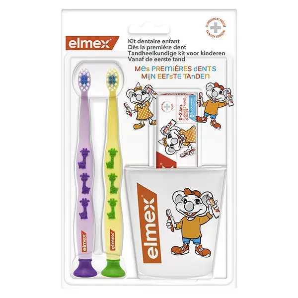 Elmex Kit Dentaire Enfants 2 Brosses à Dents + 1 Dentifrice + 1 Gobelet Offert
