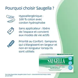 Saugella Cotton Touch Tampons Hygiéniques sans Applicateur Flux Normaux - Pack 16