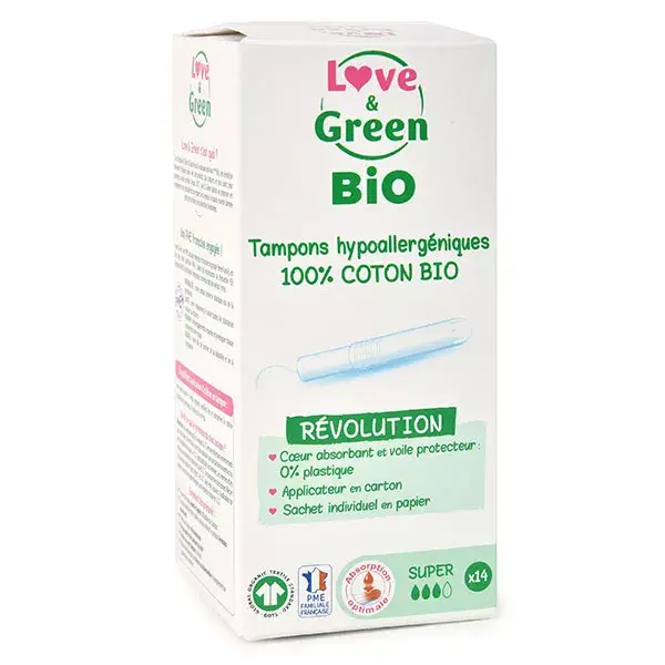 Love & Green Hygiène Féminine Tampon Hypoallergénique Avec Applicateur Super Bio 14 unités