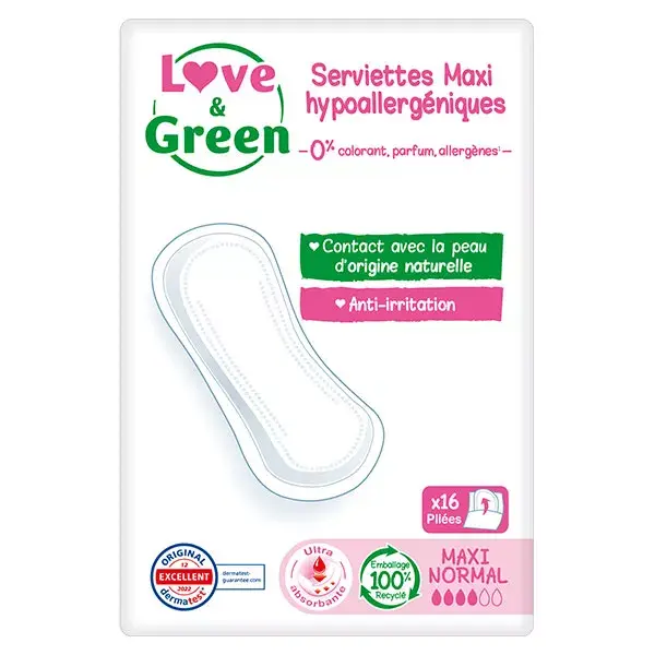 Love & Green Serviettes Hypoallergéniques Maxi Normal 16 unités