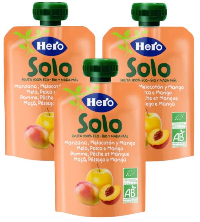 Sachet de fruits bio Hero Solo Pomme, Pêche et Mangue +4m 3x100 gr