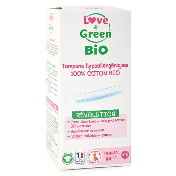 Love & Green Hygiène Féminine Tampon Hypoallergénique Avec Applicateur Normal Bio 16 unités