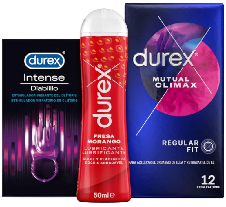 Durex Glijmiddel Pakket Aardbeiensmaak en Aroma + Intense Orgasmic Imp Vibrating Ring + Mutual Climax Condooms