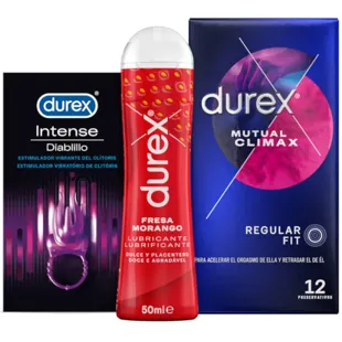 Durex Pack Lubricante Sabor y Aroma Fresa + Anillo Vibrador Intense Orgasmic Diablillo + Preservativos Mutual Clímax