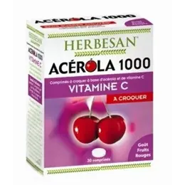 Herbesan Acérola 1000 Vitamine C à croquer Goût Fruits Rouges 30 comprimés