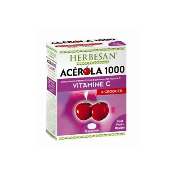Herbesan Acérola 1000 Vitamine C à croquer Goût Fruits Rouges 30 comprimés