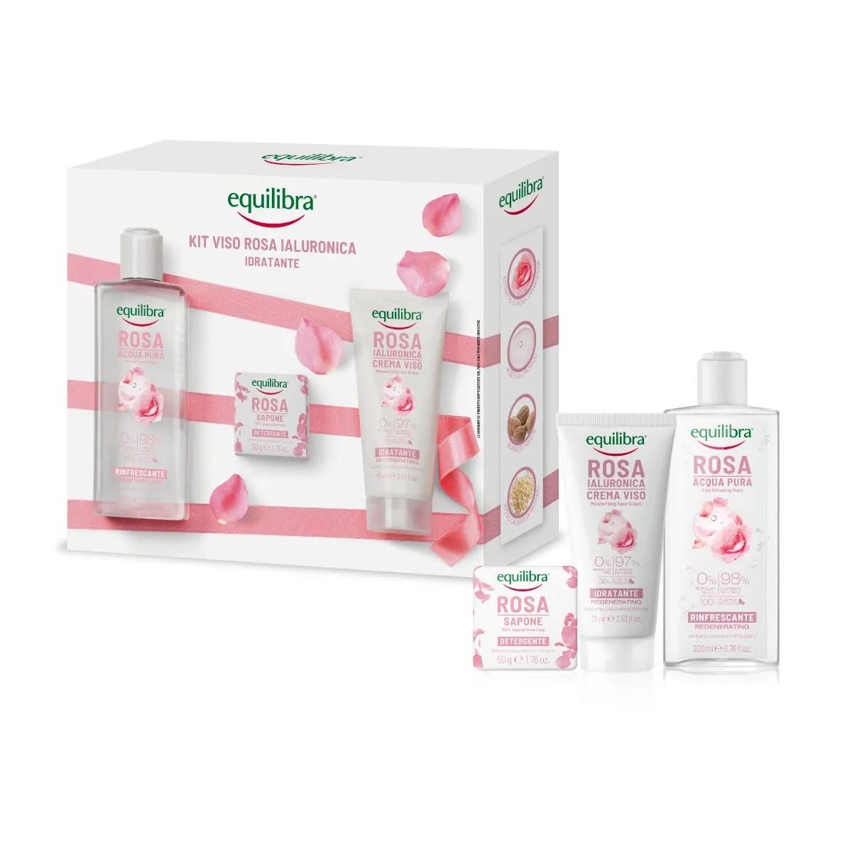 Equilibra Viso Kit Rosa Crema Ialuronica Idratante Viso + Acqua Pura Rinfrescante + Sapone Detergente