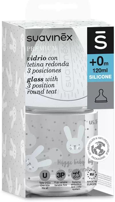 Suavinex Tétine Bouteille Verre 3 Positions Silicone 0m + 120ml Gris