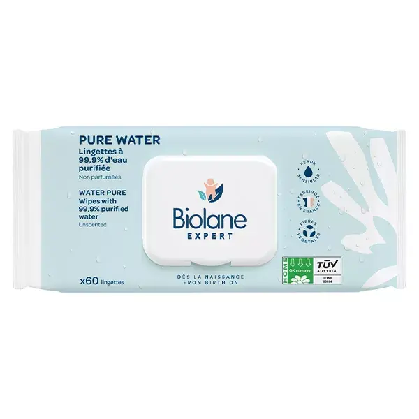 Biolane Expert - Lingettes Pure Water - Non parfumées - Lot de 3 x 60 unités