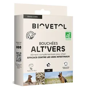 Biovetol - Cibo per il benessere - Alt'vers Bocconcini biologici per cani di taglia grande >20 kg - 6 bocconcini