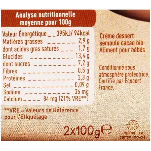 Babybio Desserts Lactés Bol Semoule au Lait Cacao +6m Bio Lot de 2 x 100g