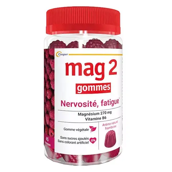 MAG 2 Gommes Framboise Magnésium Vitamine B6 Fatigue Nervosité 45 gommes