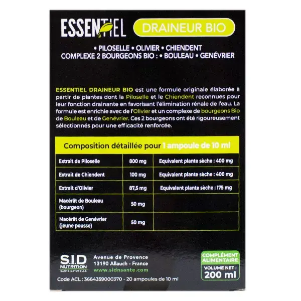 SID Nutrition Essentiel Draineur Bio 20 ampoules