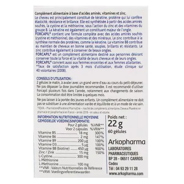 Arkopharma Forcapil Cheveux et Ongles Zinc Vitamine B 60 gélules