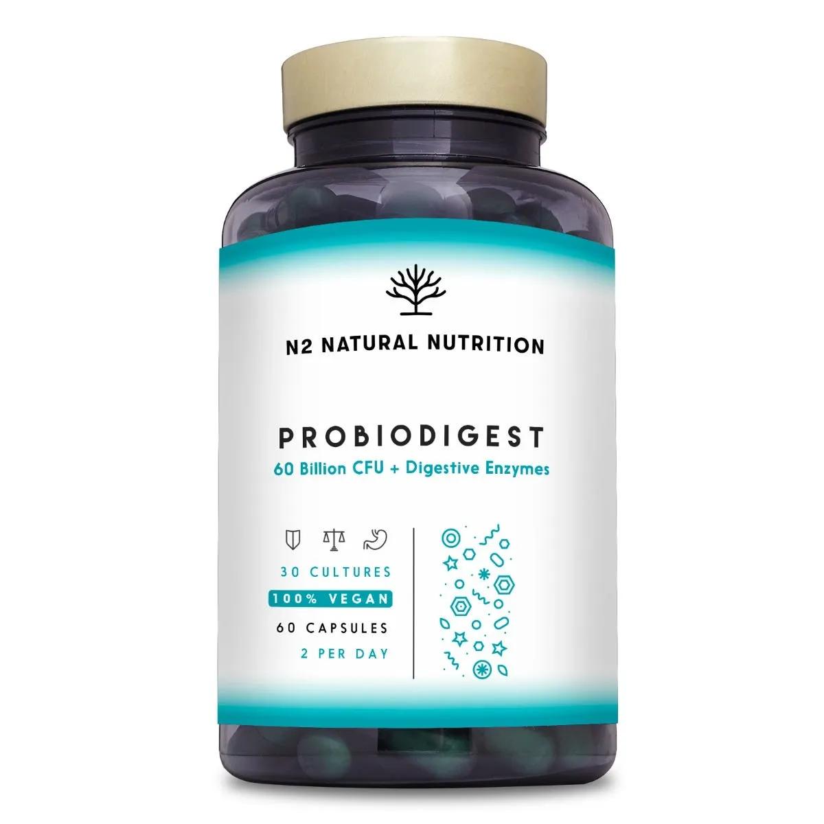 N2 Natural Nutrition Probiodigest Probiotici e Prebiotici con Enzimi Digestivi e Zinco 60 Capsule Vegane