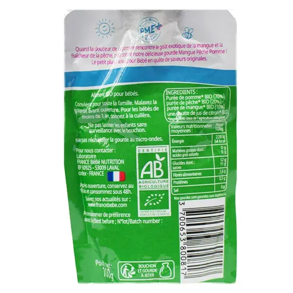 France Bébé Nutrition Gourde Mangue Pêche Pomme +4m Bio 100g