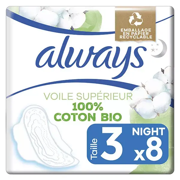 Always Coton Protection Night Serviettes avec Ailettes 8 unités