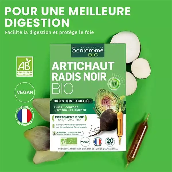 Santarome Bio - Artichaut Radis Noir Bio - Facilite la digestion - 20 ampoules