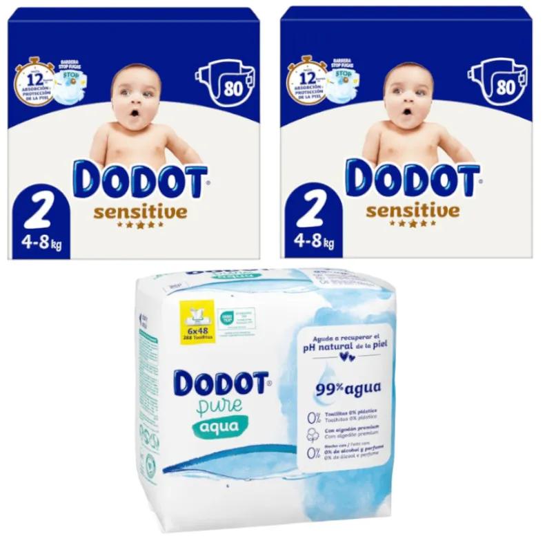 Dodot Sensitive Couches Jumbo Pack T2 2x80 unités + Lingettes sans plastique 288 unités