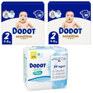Pacote Fraldas Jumbo Dodot Sensitive T2 2x80 unidades + Lenços umedecidos sem plástico 288 unidades