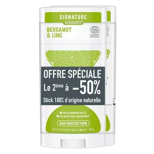 Schmidt's déodorant stick Bergamote & Citron Vert 2x58ml