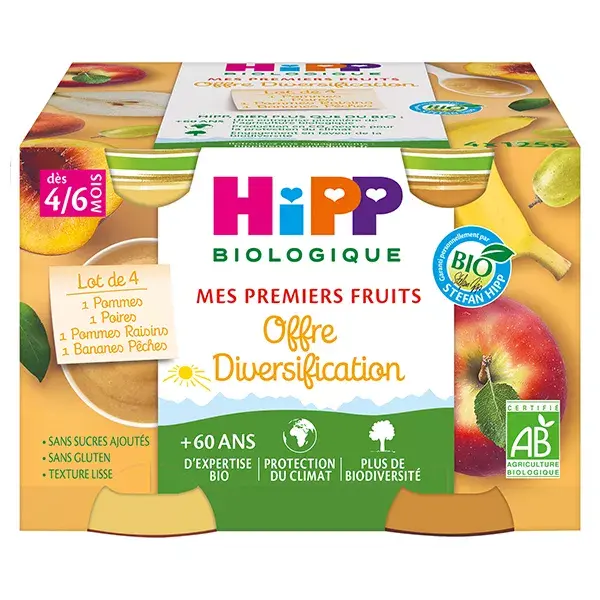 Hipp Bio Mes Premiers Fruits Pot Diversification Pommes Poires Bananes Pêches Pommes Raisins +4m 4 x 125g