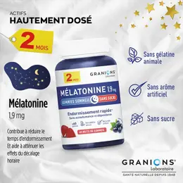 GRANIONS - Gummies Melatonine Sommeil 1,9 mg - Sans Sucres - FORMAT 2 MOIS