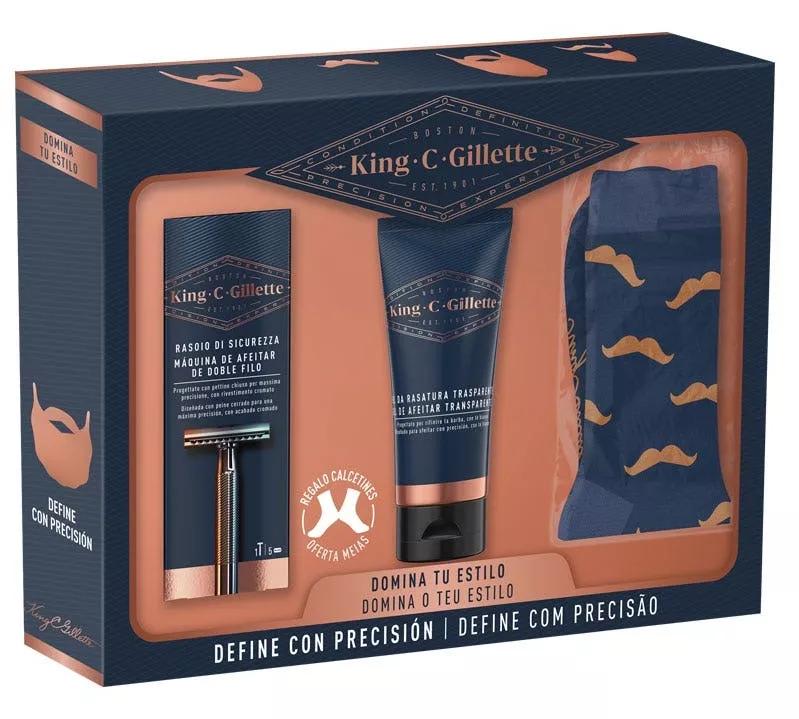Gillette King C Máquina de Barbear Duplo Gume + 5 Recargas + Gel de Barbear 150 ml + OFERTA Meias