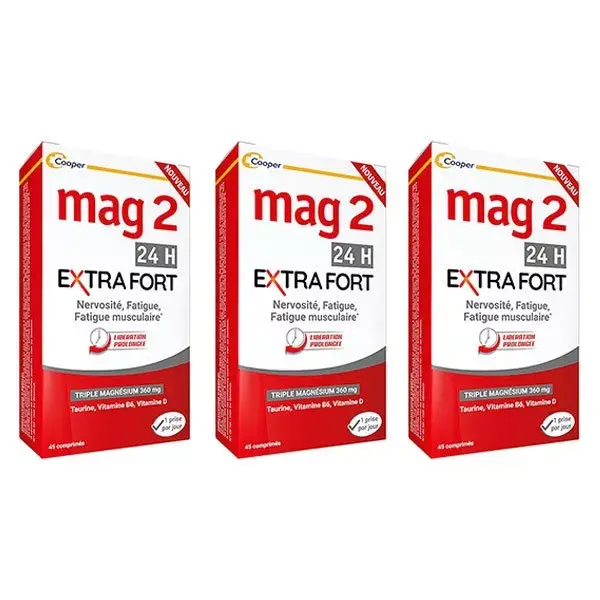 MAG 2 24H Extra Fort Magnésium Vitamine B6 Fatigue Lot de 3 x 45 comprimés