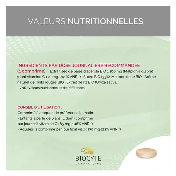 Biocyte Acérola 1100mg Bio Immunité & Energie 20 comprimés à croquer