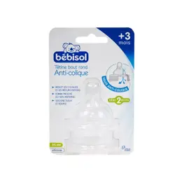 Bébisol Tétine Bout Rond Anti Colique +3m Débit 2 Moyen Lot de 2