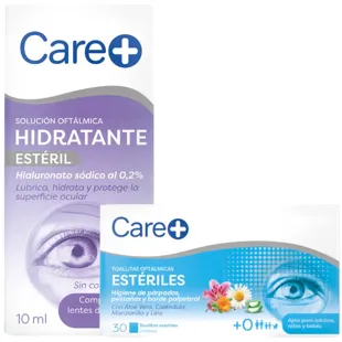 Care+ Solução Ocular 0,2% Ácido Hialurônico 10 ml + Care+ Toalhetes Oftálmicos Estéreis 30 unidades