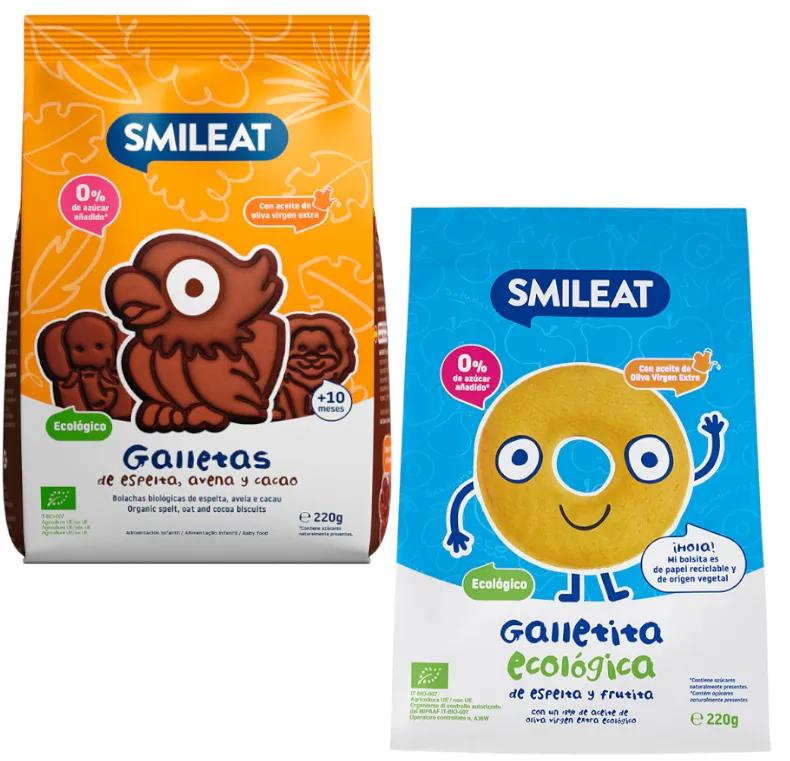 Biscuits Smileat +10m Bio Épeautre et Fruits 220 gr + Biscuits Bio Cacao, Avoine et Épeautre 220 gr