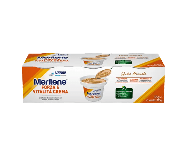 Meritene Forza e Vitalità Crema Nocciola Dessert Iperproteico Ipercalorico 3x125 g