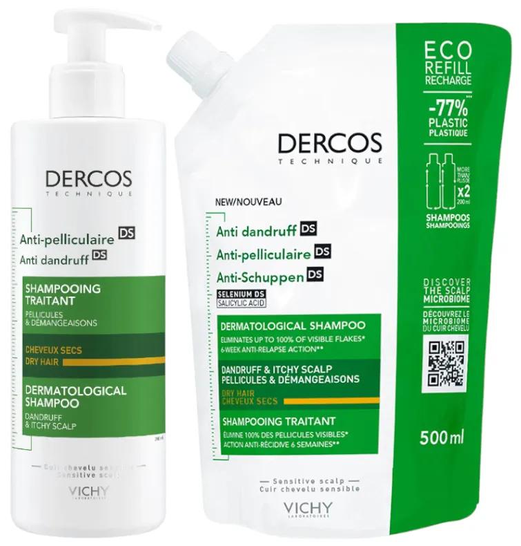 Vichy Dercos Technique Anti-Schuppen-Shampoo für trockenes Haar 400 ml + Nachfüllung 500 ml
