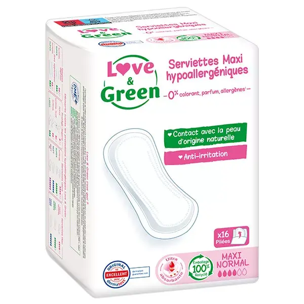 Love & Green Serviettes Hypoallergéniques Maxi Normal 16 unités