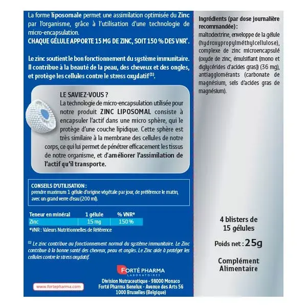 Forté Pharma Zinc Liposomal 15 mg Immunité Peau Cheveux 60 gélules végétales