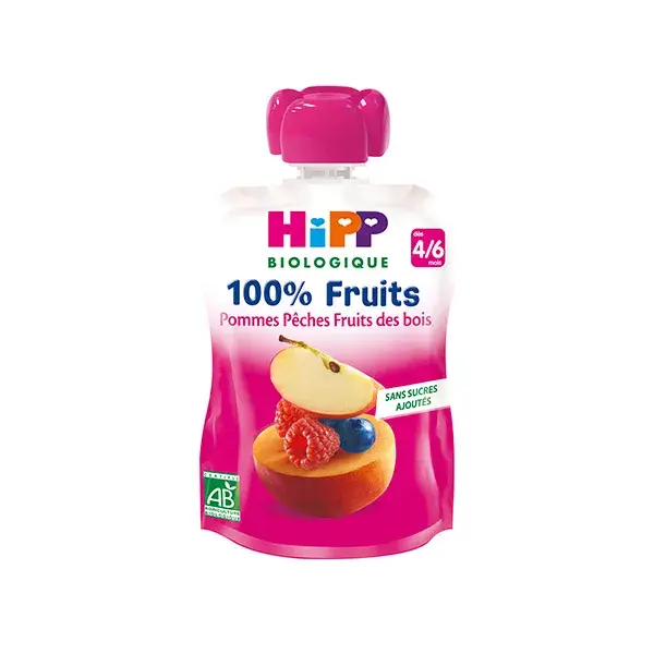 Hipp Bio 100% Fruits Cantimplora de  Manzana, Melocotón y Frutas del Bosque +4m 90g