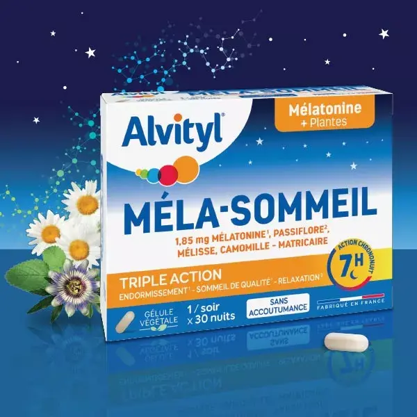 Alvityl Méla-Sommeil Mélatonine + 3 plantes + vitamine B6 dès 18 ans 30 gélules