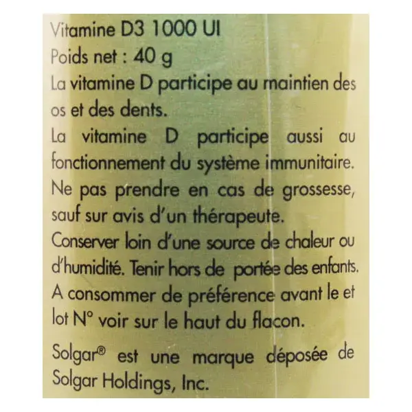 Solgar Vitamine D3 1000 UI 100 comprimés à croquer