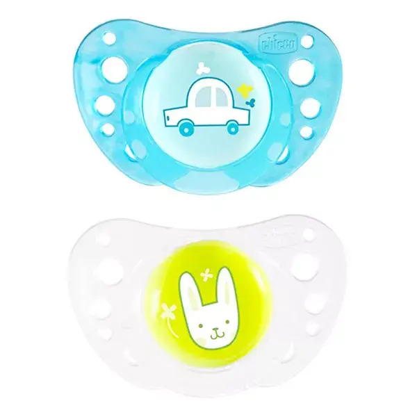 Chicco Physio Forma Air Soother Silicone +16m Car Rabbit Set of 2 + Sterilisation Box