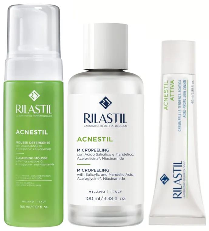 Rilastil Acnestil Reinigungsmousse 150 ml+Mikropeeling 100 ml+Attiva Creme 40 ml