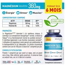 Granions Magnésium Marin 360 mg Format Eco 6 Mois 180 comprimés