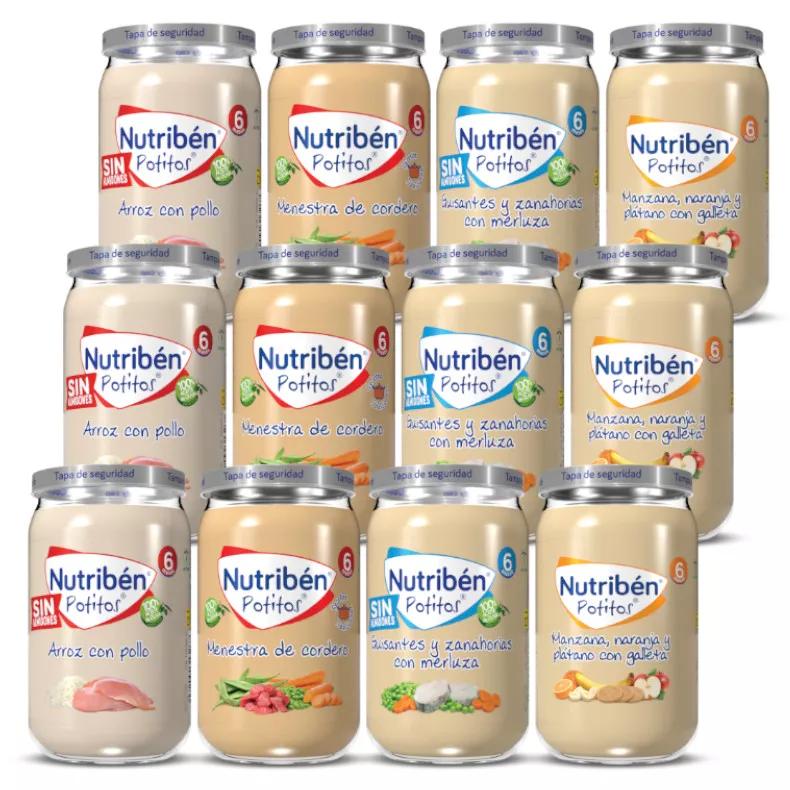 Nutribén Assortiment Potitos Rijst, Lamsvlees, Heek en Fruit +6m 12 eenheden