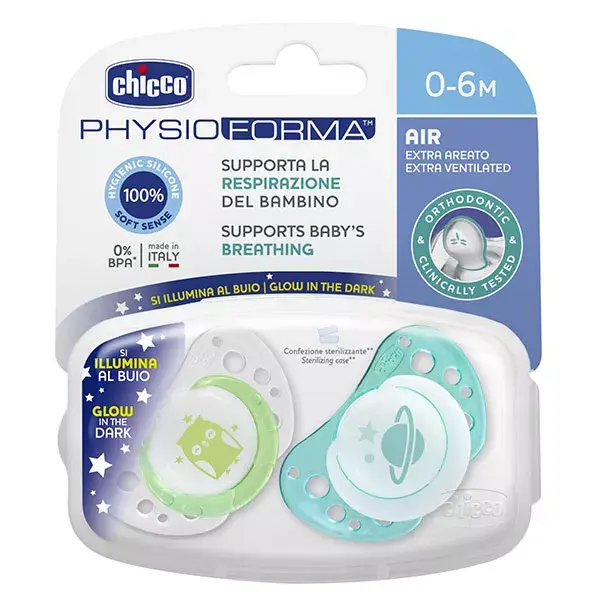 Chicco Pacifier Physio Air Silicone Phosphorescent +0 Green Pink + Sterilisation Box